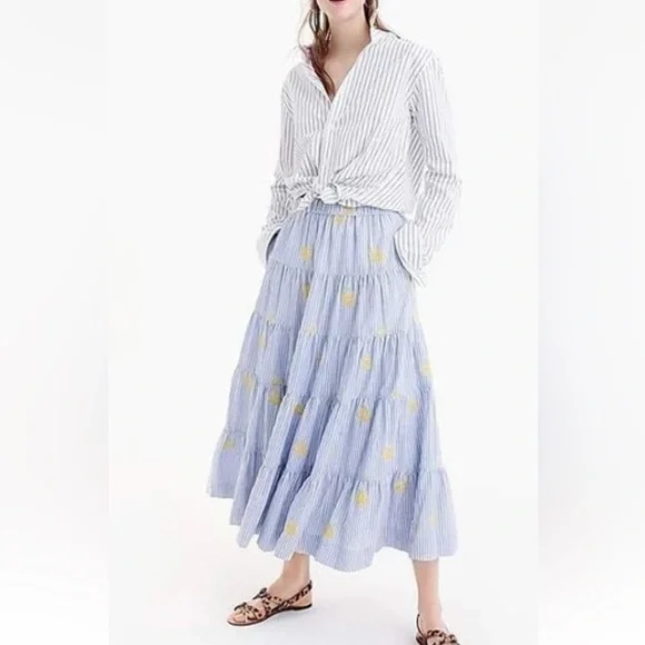 J Crew Women’s Embroidered Pineapple Pinstripe Layered Maxi Skirt Size Small - Picture 1 of 6